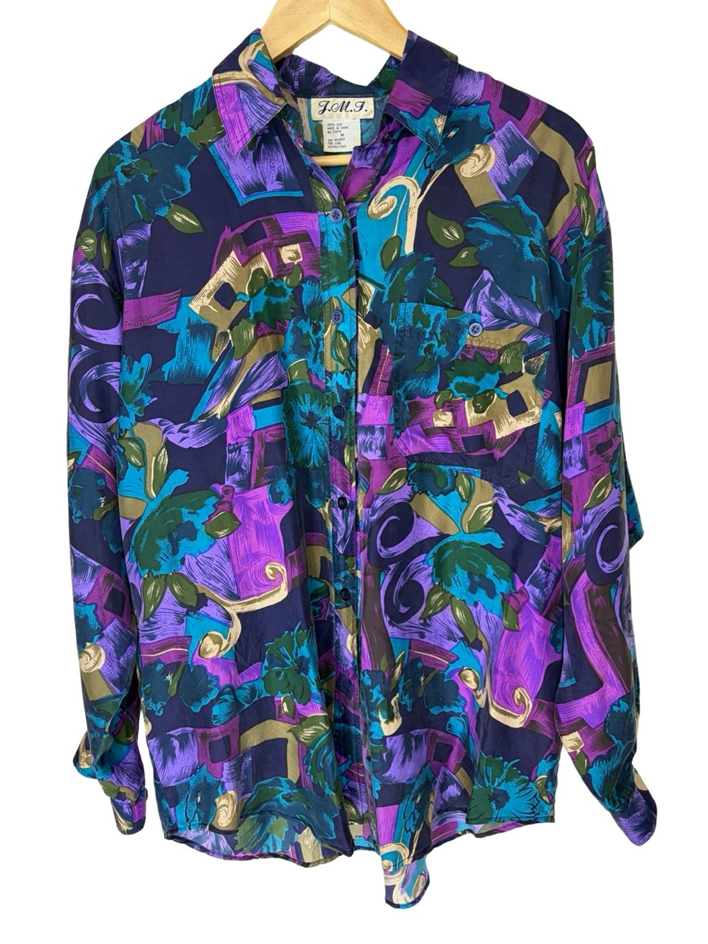 J.M.I. Vintage 100% silk Floral Button-Up Blouse in Purple & Teal